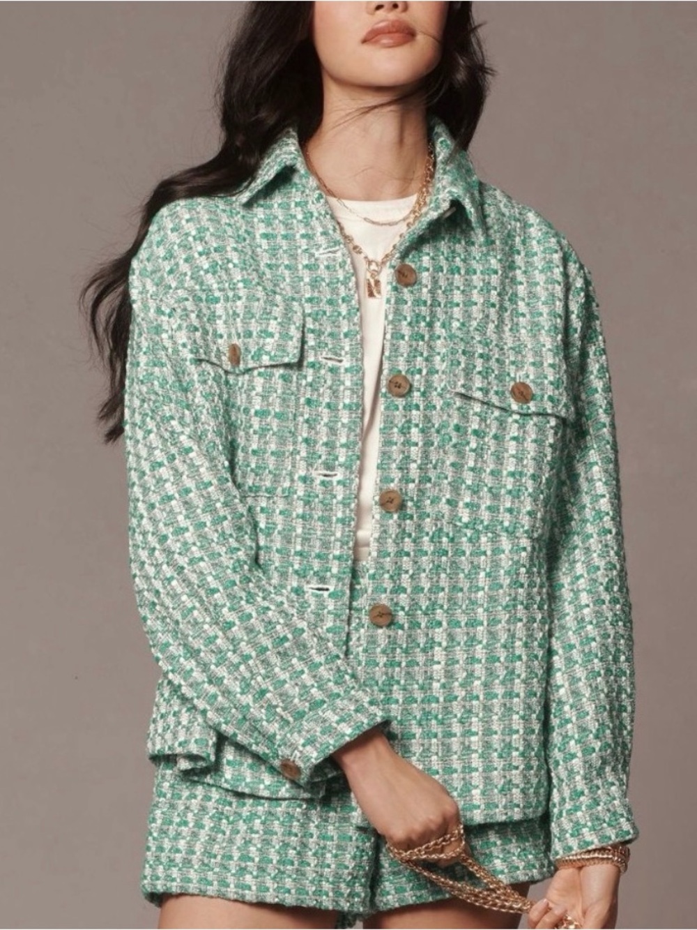 Anthropology Maeve Green Tweed Button-Up Jacket M Fall Business Casual Preppy
